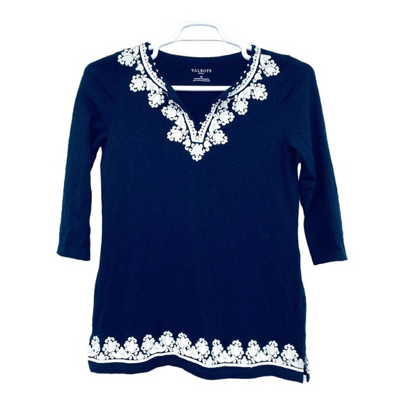 TALBOTS - WOMEN'S BLUE & WHITE 3/4 SLEEVE EMBROIDERED KNIT T-SHIRT TOP - Size S - Picture 12 of 12